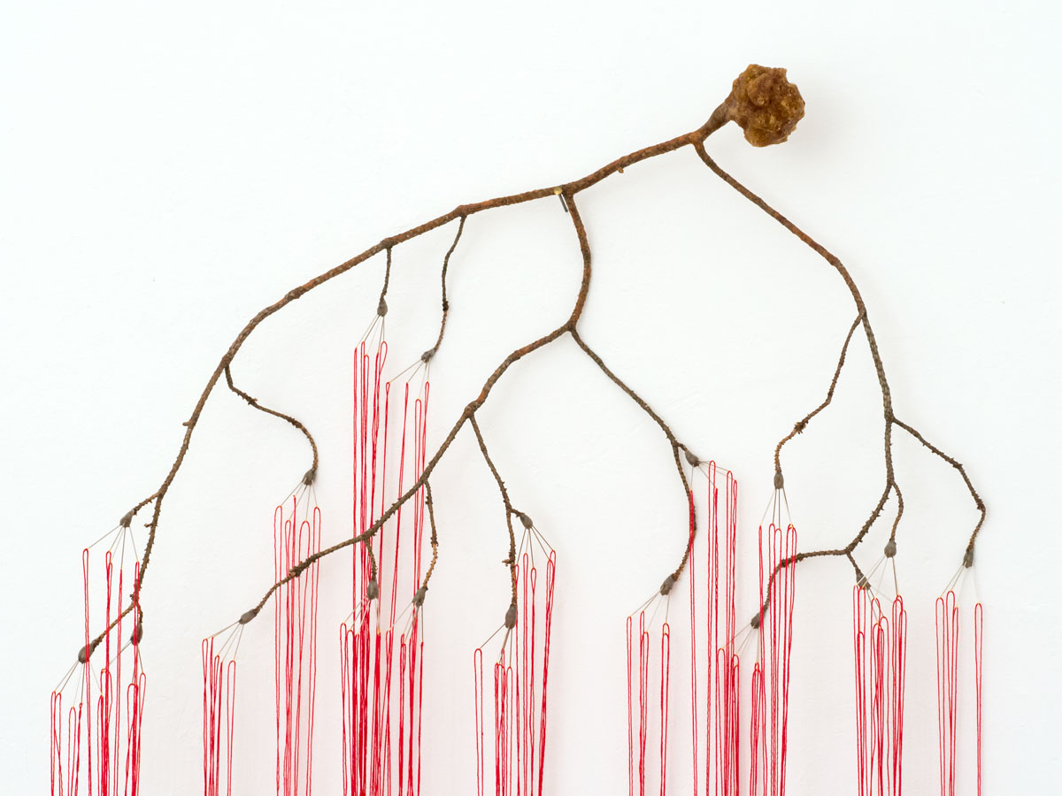Anja Asche – selbstlos / selfless – sculpture / object art, branch, yarn, needles, wax, about 55 x 180  x 60 cm, 2019
