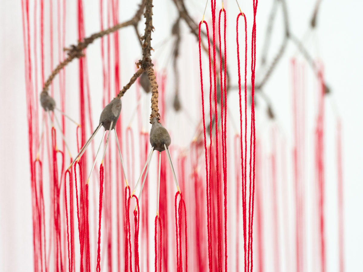 Detail needles // Anja Asche – selbstlos / selfless – sculpture / object art, branch, yarn, needles, wax, about 55 x 180  x 60 cm, 2019