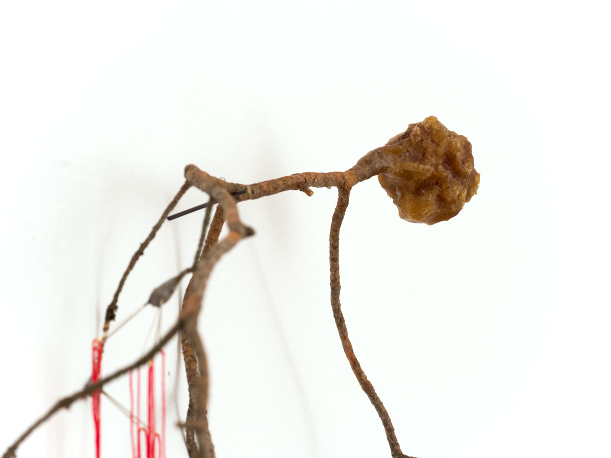 Detail // Anja Asche – selbstlos / selfless – sculpture / object art, branch, yarn, needles, wax, about 55 x 180  x 60 cm, 2019