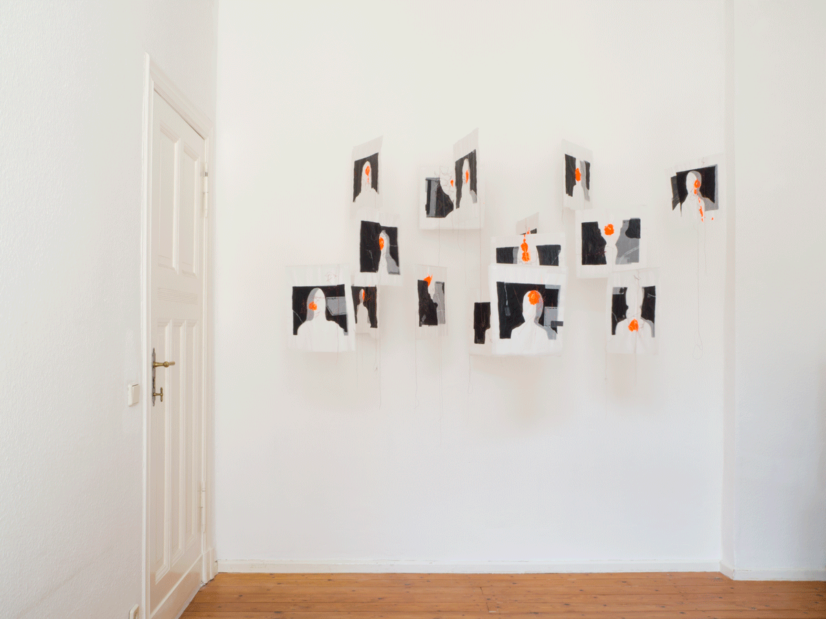 Anja Asche – 11 Uhr / 11 clock. Double-sided collage series, mixed media on transparent paper, 15 sheets. Animate installation view.